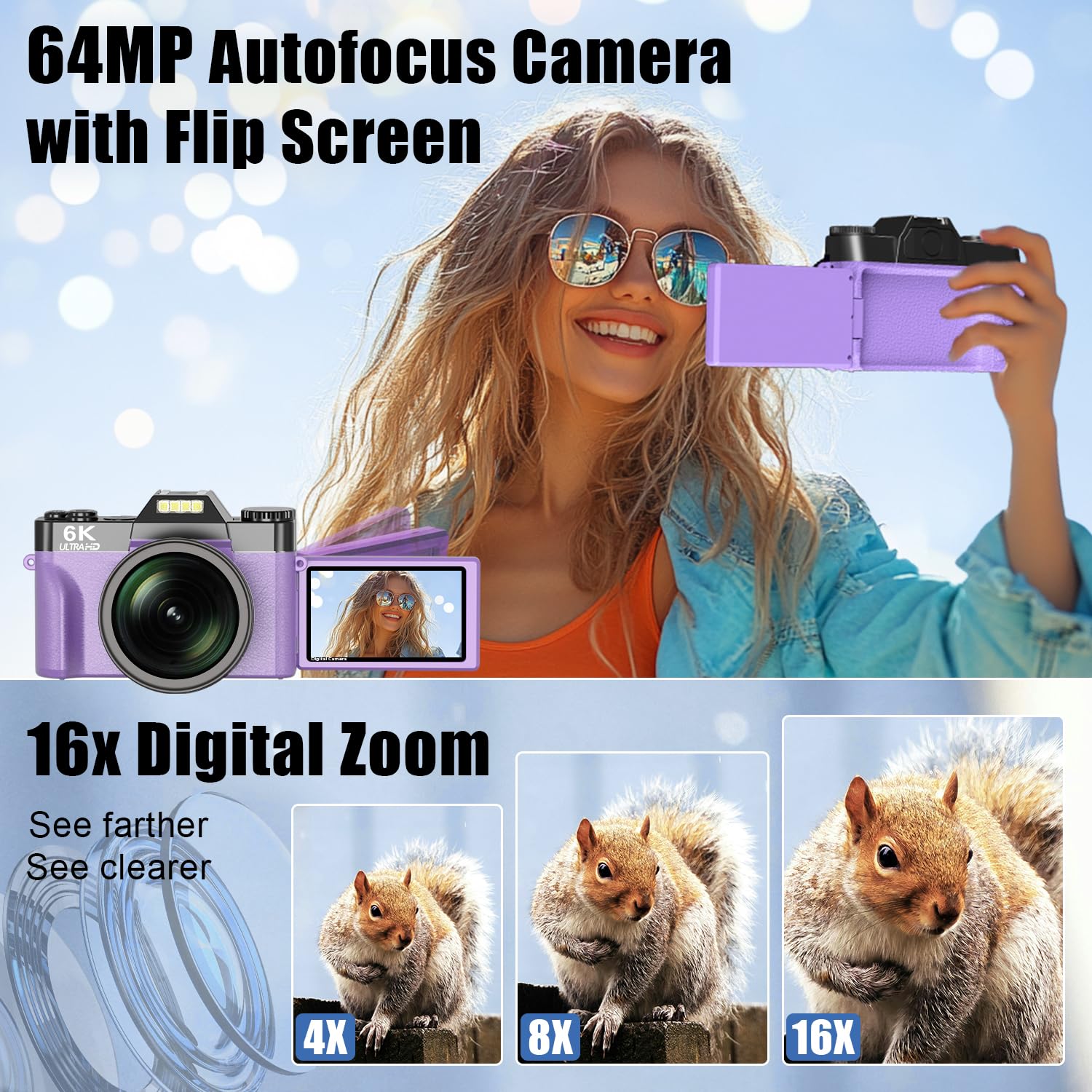 6K デジタルカメラ 本体 64MP 16倍ズーム Amazon | 写真用6Kデジタルカメラ、YouTube用64MP Vlogカメラ、3インチ